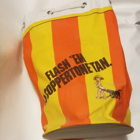 vtg orange & yellow striped vinyl bag w girl & dog - Picture 2 of 14